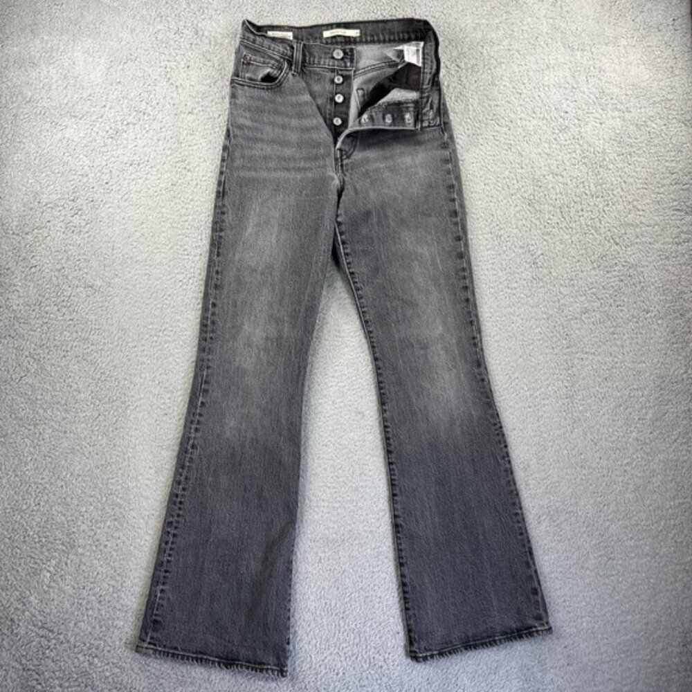 Levis Premium Jeans Womens 26x32 Gray Denim Pants Ribcage Flare Button Fly